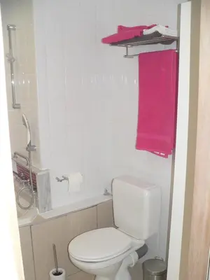 a bathroom with a white toilet and a pink towel at Liège centre 13 Quai Godefroid Kurth POUR 2 PERS à 25 min gare Guillemins in Liège