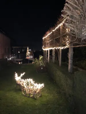 a yard with a fire in the grass at night at Le fond d'Or in Borgloon