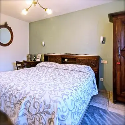a bedroom with a bed and a table and a mirror at B&B Casa Roman & Vakantiewoning voor 1 pers tot max 32 personen in Zonhoven