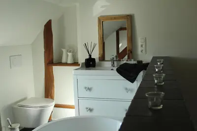 a bathroom with a sink and a toilet and a mirror at B&B Dageraad in Bocholt