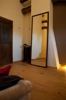 a living room with a mirror and a couch at B&B Het Agnetenklooster in Maaseik