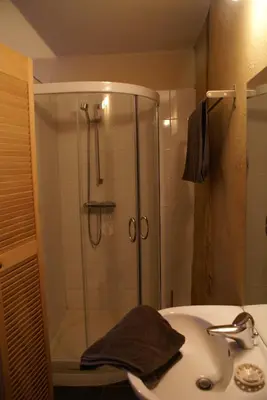 a bathroom with a shower and a sink at B&B De Metstermolen in Sint-Truiden
