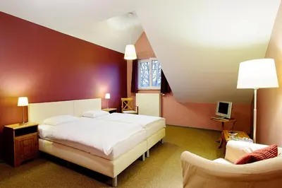 a bedroom with a large bed and a chair at B&B De Vroling in Wellen