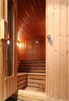 an inside of a wooden sauna with the door open at Hotel De Pits in Heusden - Zolder