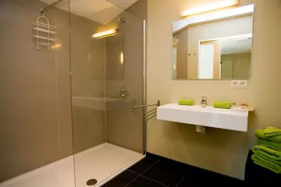 a bathroom with a shower and a sink and a mirror at De kiezel in Hasselt