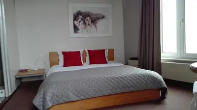 a bedroom with a bed with two red pillows at Hotel Hooghuys in Hamont-Achel