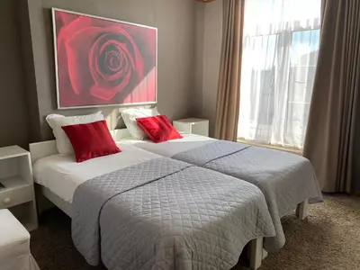 two beds in a hotel room with red pillows at Hotel Hooghuys in Hamont-Achel