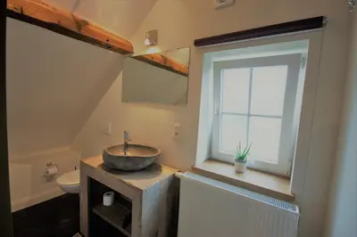 a bathroom with a sink and a toilet and a window at B&B Crijbohoeve in Zutendaal