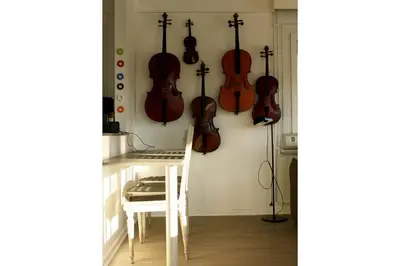 a group of violins hanging on a wall at My Secret Garden in Diepenbeek