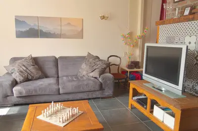 a living room with a couch and a television at Vakantiewoning Het Oude Laer in Bilzen