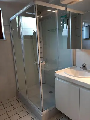 a glass shower in a bathroom with a sink at Vakantiewoning Het Oude Laer in Bilzen