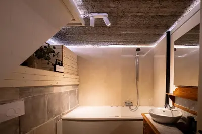 a bathroom with a shower and a sink and a tub at Maas Suites (Maastricht - Lanaken) in Lanaken