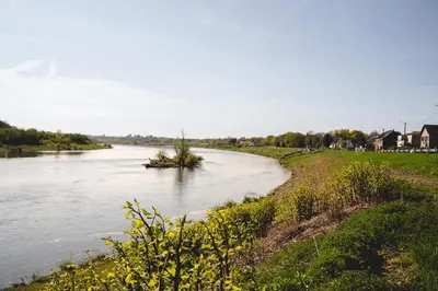 a river with a small island in the middle at Maas Suites (Maastricht - Lanaken) in Lanaken
