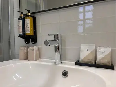 a bathroom sink with two bottles of soap on it at Landgoed De Hoogmolen in Oudsbergen
