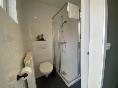 a white bathroom with a shower and a toilet at Landgoed De Hoogmolen in Oudsbergen