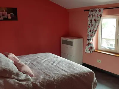 a bedroom with red walls and a bed and a window at LA BINAMERIE in Remicourt