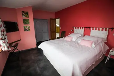 a red bedroom with a white bed with pink walls at LA BINAMERIE in Remicourt