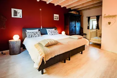a bedroom with a large bed with red walls at Bij de Zöster in Kinrooi