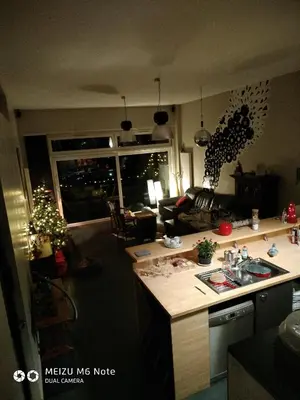 a kitchen and living room with a christmas tree at Maison à la porte des Ardennes in Verviers