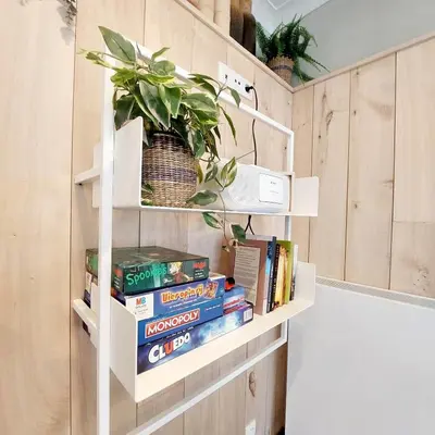 a book shelf with books and a potted plant at Boerderaaj vakantiewoning in Bilzen