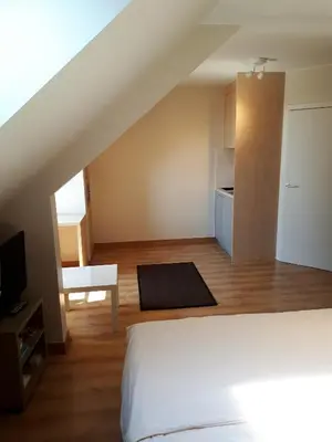 a bedroom with a white bed and a kitchen at Guesthouse Dusart in Hasselt