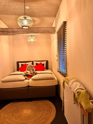 a small bedroom with two beds with red pillows at ‘t Vaerthuys in Dilsen-Stokkem