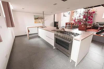 a kitchen with a stove and a counter top at Mille Fleur Apartments in Voeren