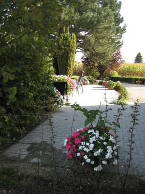 a garden with pink and white flowers and a bench at B&B Het Uilennest in Bocholt