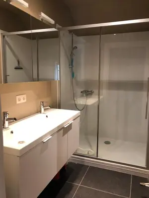 a bathroom with a white sink and a shower at De Oude Molen in As
