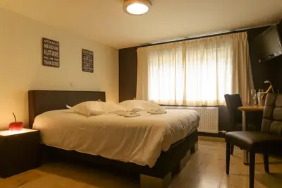 a bedroom with a bed and a window and a chair at Hotel Pracha in Borgloon