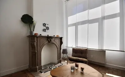 a living room with a table and a fireplace at Tokyo's Place in Liège