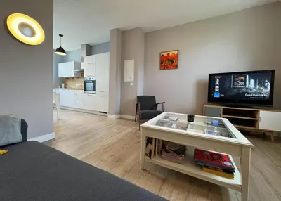 a living room with a coffee table and a flat screen tv at Le Boisseliège in Liège