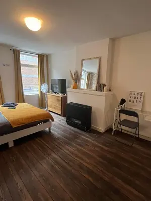 a bedroom with a bed and a tv and a mirror at In The Air cosy room (Cœur Historique de Liège) in Liège