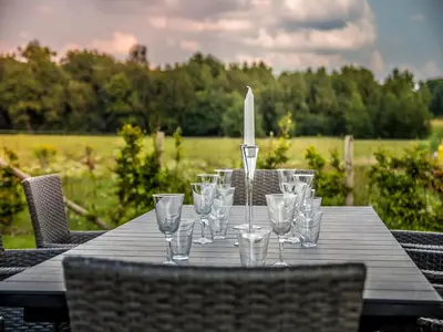 a wooden table with wine glasses on top of it at Peaceful Peer Holiday Home in Peer