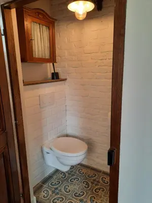 a small bathroom with a toilet in a room at Het Stalhuys in Riemst