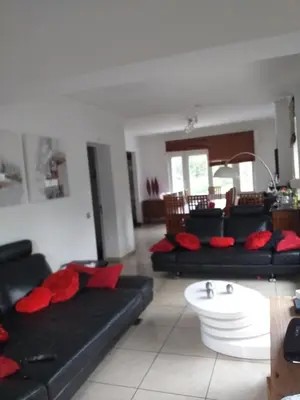 a living room with black couches and red pillows at Les charmilles in Chaudfontaine