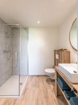 a bathroom with a shower and a toilet and a sink at Bed en Vrijheid in Peer