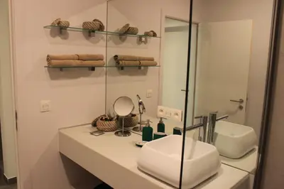 a bathroom with a sink and a mirror at Vakantiewoning Atuatuca in Tongeren