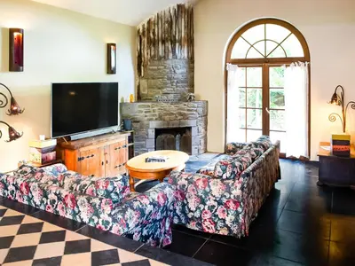 a living room with a couch and a fireplace at Holiday home with sauna and swimming pool in Verviers