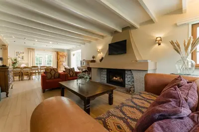 a living room with a couch and a fireplace at Vakantiewoning De zandberg in Pelt