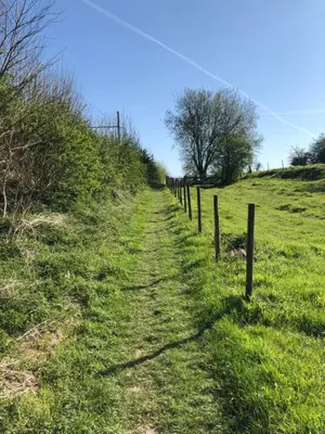 a fence on the side of a grassy hill at Hof van Stayen in Sint-Truiden