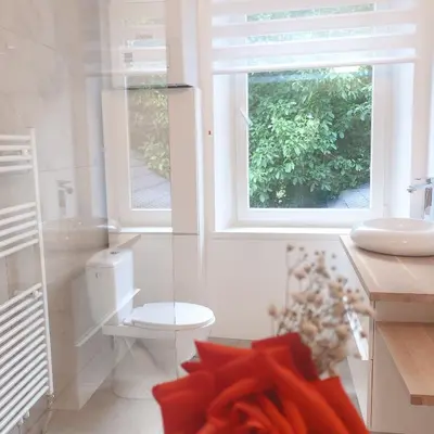 a bathroom with a toilet and a sink and a window at VIP 67 in Eupen
