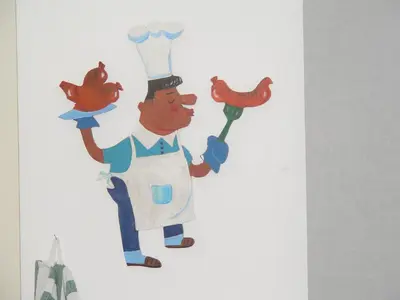 a drawing of a chef holding two hot dogs at Liège centre 6 rue montagne sainte Walburge, 4000 Liège, pour 2 pers à 3 minutes de la gare st Lambert in Liège
