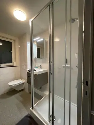 a bathroom with a shower and a toilet and a sink at Villa Domus XIX in Tongeren