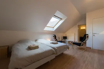 a bedroom with a bed and a skylight at B&B 't Maanhof in Gingelom