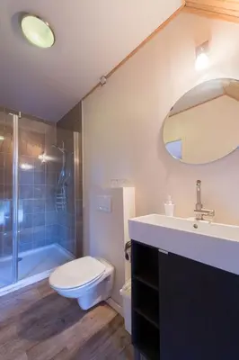 a bathroom with a toilet and a sink and a shower at B&B 't Maanhof in Gingelom