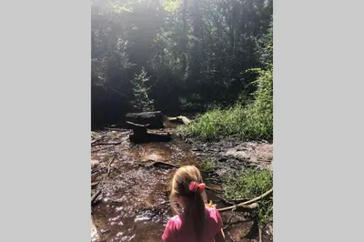 a little girl playing in a stream in a forest at Nieuw vebouwd Vakantie Boshuisje Meibloempje in Lanaken