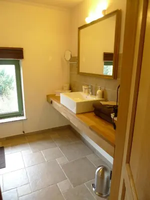 a bathroom with a sink and a mirror at B&B Haspenhoeve in Tongeren