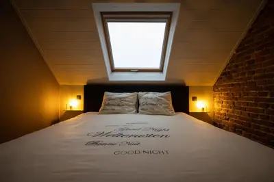 a bedroom with a bed with a window above it at B&B Haspenhoeve in Tongeren