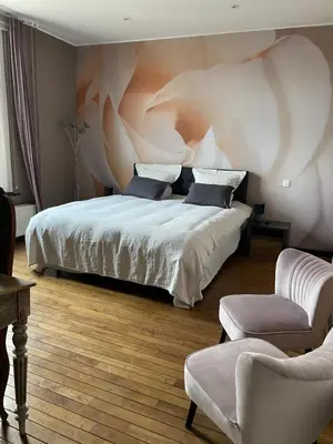 a bedroom with a large bed and a chair at B&B Het Doctershoes in Kinrooi